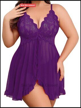 Plus Size Sexy Lace Babydoll Dress V-Neck Sleepwear Chemise 2 Piece Sheer Mesh
